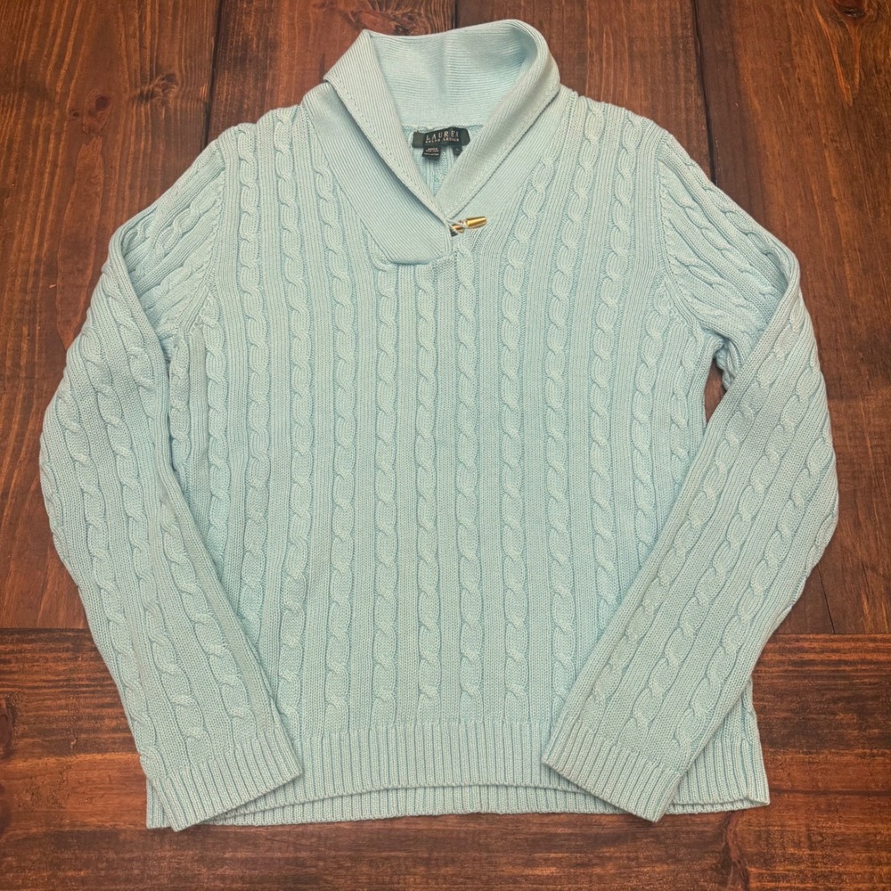 Lauren Ralph Lauren Blue Cable Knit Shawl Collar Toggle Sweater Womens Large - Picture 1 of 6